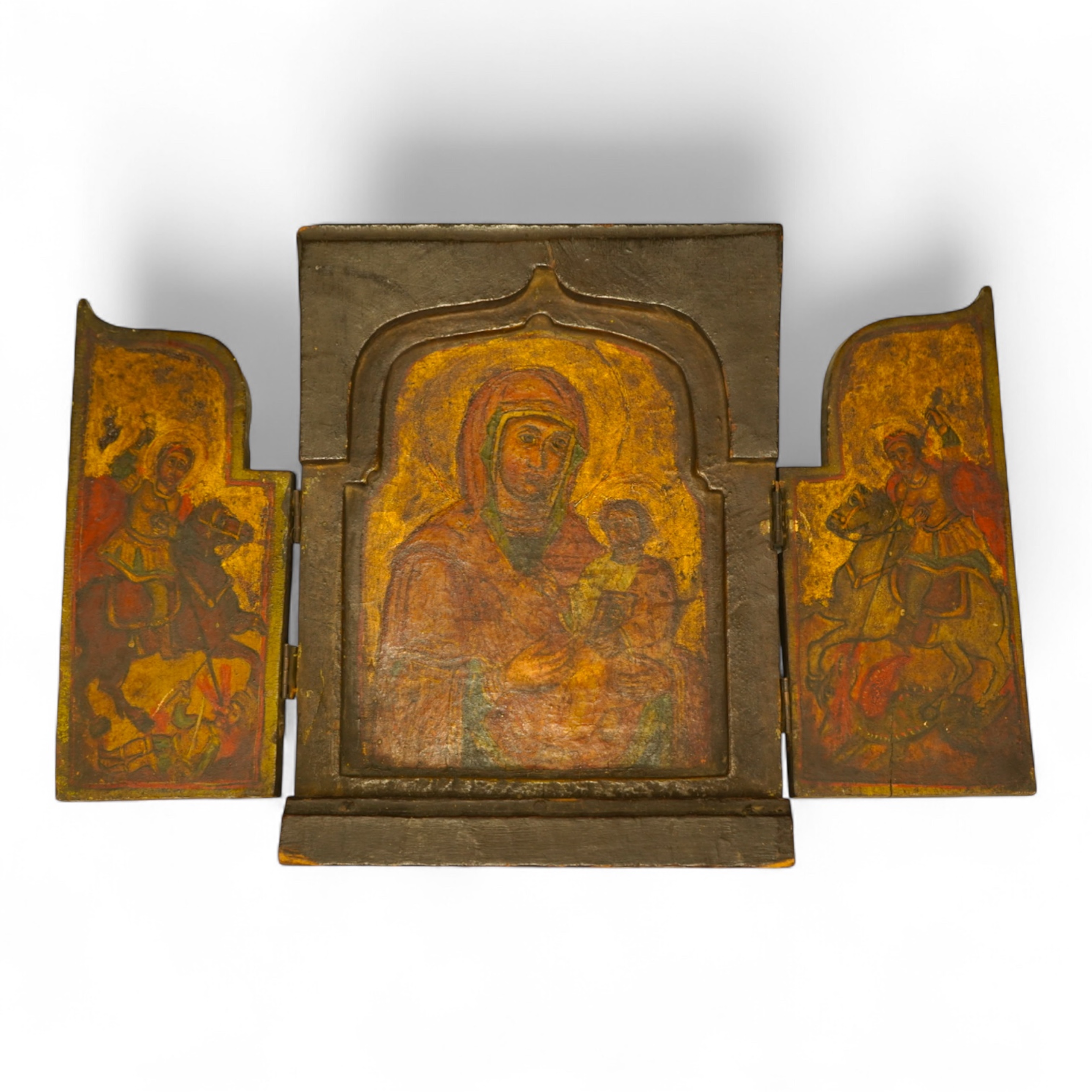 A painted wood triptych icon, 26cm high